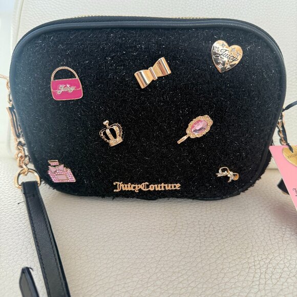 NWT JUICY COUTURE JUICY GIRL ONLY CAMERA CROSSBODY BAG PURSE BLACK GLITTER TWEED - Picture 1 of 5